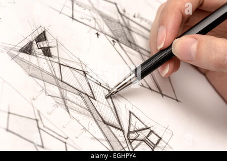 Architect Hand Drawing House Plan Sketch With Pencil Stock Photo