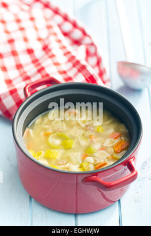 vegetable soup with pasta in pot Stock Photo