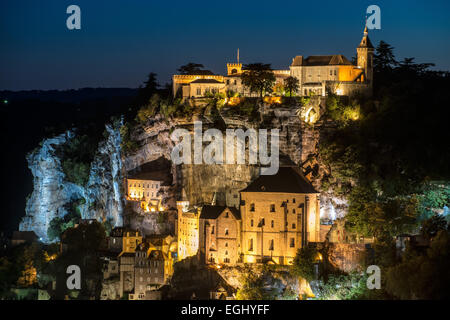 Twilight in Rocamadour, Pilgrimage site, Departement Lot, Midi Pyrenees South west France Europe Stock Photo