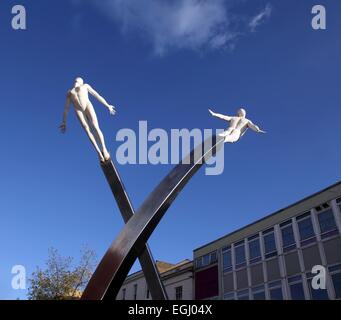 The steel sculpture called Discovery on Abington Street, Northampton, commemorating Francis Crick,one of the founders of DNA Stock Photo