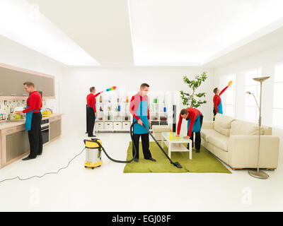 young caucasian handsome man cleaning living room in different places at the same time, digital composite image Stock Photo