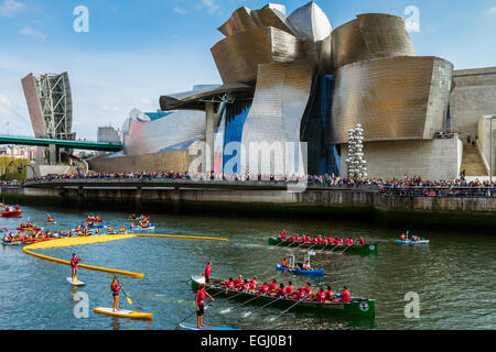 plastic ducks race in Nervion river. Near Guggenheim Museum. Bilbao. Biscay, Basque Country, Spain, Europe. Stock Photo