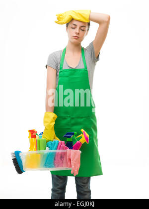 caucasian woman exhausted after spring cleaning, on white background Stock Photo