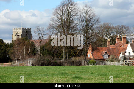 View across fields to St Peters Church, Wellesbourne, Warwickshire, UK Stock Photo