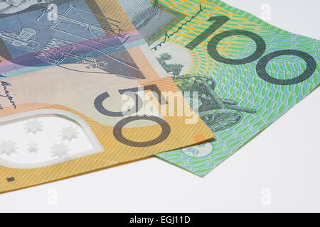 Close Up Australian Money 50 and 100 dollar banknotes Stock Photo