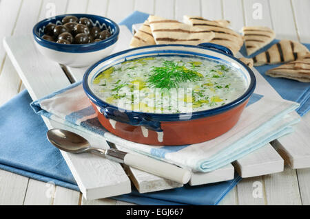 Tzatziki. Yogurt and cucumber relish with pitta bread. Stock Photo
