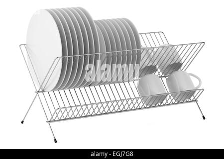 plate rack with tableware isolated on white background Stock Photo