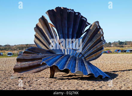 A view of The Scallop sculpture by Maggi Hambling on the beach at Aldeburgh, Suffolk, England, United Kingdom.