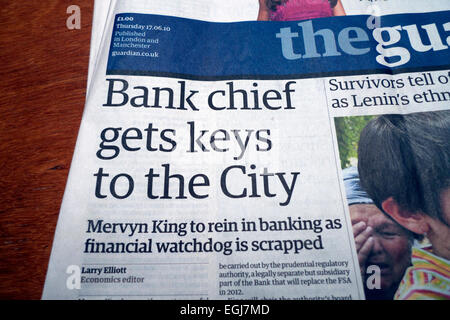 Mervyn King  'Bank chief gets keys to the City' front page headline in Guardian newspaper London UK  17 June 2010 Stock Photo