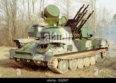 The ZSU-23-4 'Shilka' is a lightly armored, self-propelled, radar guided anti-aircraft weapon system (SPAAG) Stock Photo