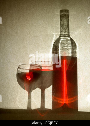 red wine bottle & two glasses Stock Photo