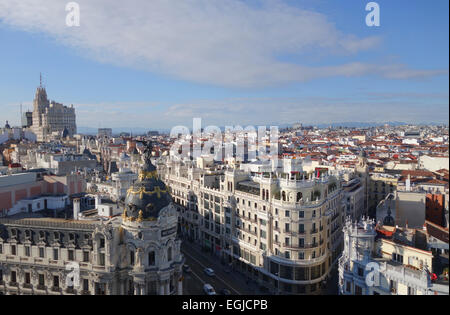 Skyline, cityscape, with Gran via, West view, Metropolis Building in front. Madrid, Spain. Stock Photo