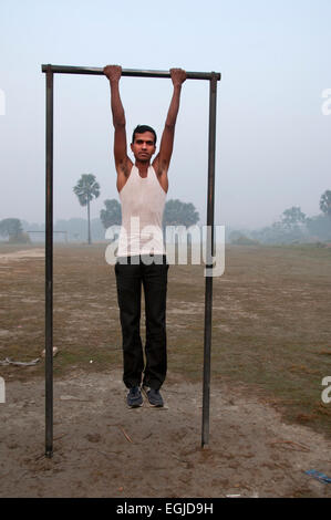 India 2014. Bihar. Mastichak village. A young man prepares for the army physical. Stock Photo