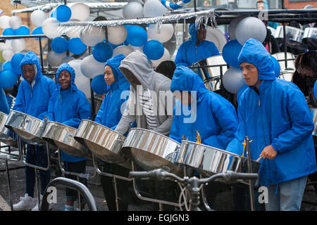 Steel bands compete in the Notting Hill Carnival 2014 National Panorama Competition at Emslie Horniman Pleasance Park Featuring: Atmosphere Where: London, England, United Kingdom When: 23 Aug 2014 Stock Photo