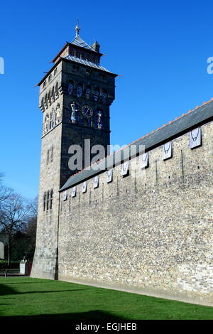 Wall and Clock Tower, Cardiff Castle, Wales, UK Stock Photo