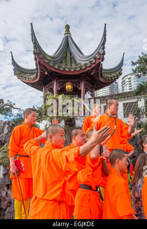 Expert Kung fu performance by Shaolin monks, Dr. Sun Yat Sen Classical Chinese Garden, Vancouver, British Columbia, Canada Stock Photo