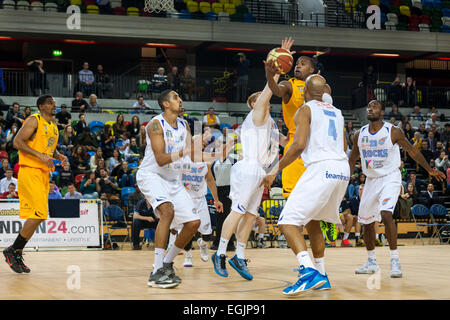London, UK. 25th Feb, 2015.  The London Lions are under attack during the BBL Championship game against Glasgow Rocks at the Copper Box Arena in the Olympic Park Stock Photo
