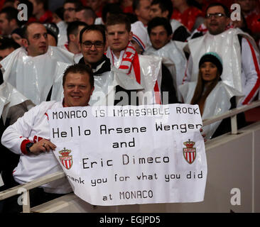 London, UK. 25th Feb, 2015. Supporters for Monaco are seen in the stands prior to the UEFA Champions league Round of 16 first leg match between Arsenal and Monaco at the Emirates Stadium in London, Britain, on Feb. 25, 2015. Monaco won 3-1. Credit:  Han Yan/Xinhua/Alamy Live News Stock Photo