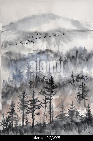 Misty pine forest with and air perspective and a flock of birds. Original watercolor painting on rice paper. Stock Photo