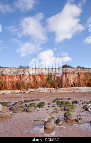 Hunstanton Cliffs in Norfolk, where white chalk overlays red limestone in a colourful formation. Stock Photo