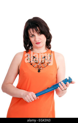 nice woman with wrench isolated on white background Stock Photo
