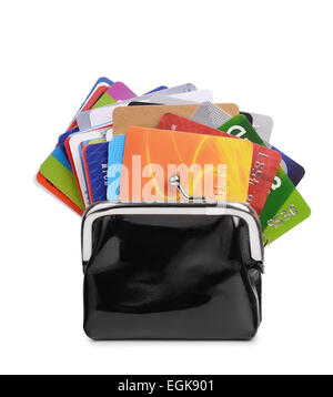 Lot of credit cards in purse isolated on white Stock Photo