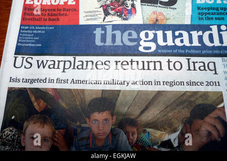 'US warplanes return to Iraq'  news headlines on front page of Guardian newspaper on 9 August 2014 in Britain UK Stock Photo