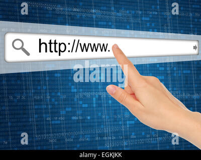 Hand pushing virtual search bar on digital background, internet concept Stock Photo