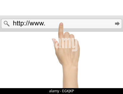 Hand pushing virtual search bar on white background, internet concept Stock Photo