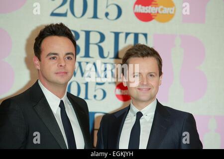 London, UK. 25th Feb, 2015. Anthony McPartlin (l) and Declan Donnelly attend the Brit Awards, Brits, at O2 Arena in London, Great Britain, on 25 February 2015. © dpa picture alliance/Alamy Live News Credit:  dpa picture alliance/Alamy Live News Stock Photo