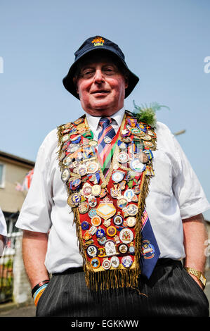 Belfast, Northern Ireland. 12th July 2013 - A member of the Orange Order with dozens of badges on his sash. Stock Photo