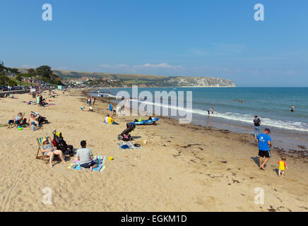 Swanage beach Dorset England in summer with people Stock Photo