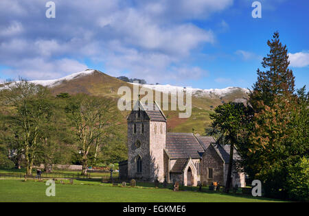 Church of the Holy Cross in Ilam Park with Bunster Hill beyond. Ilam, Staffordshire, England.  [Peak District National Park] Stock Photo