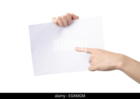 hands of Asian man holding and pointing A4 paper, isolated on white Stock Photo