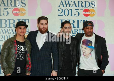 London, UK. 25th Feb, 2015. Piers Agget (l-r), Kesi Dryden, Amir Amor and DJ Locksmith of Rudimental attend the Brit Awards, Brits, at O2 Arena in London, Great Britain, on 25 February 2015. Credit:  dpa picture alliance/Alamy Live News Stock Photo