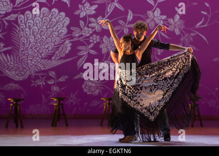 Artistic director Rafaela Carrasco performing with David Coria. Ballet Flamenco de Andalucía perform 'Las Cuatro Esquinas' from their production 'Images: 20 Years' during the Flamenco Festival London 2015 at Sadler's Wells Theatre. The show runs from 20-21 February with the festival running from 16 February to 1 March 2015. Stock Photo