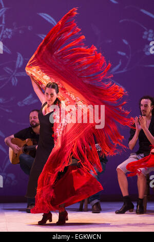 Laura Santamaría performing. Ballet Flamenco de Andalucía perform 'Las Cuatro Esquinas' from their production 'Images: 20 Years' during the Flamenco Festival London 2015 at Sadler's Wells Theatre. The show runs from 20-21 February with the festival running from 16 February to 1 March 2015. Stock Photo