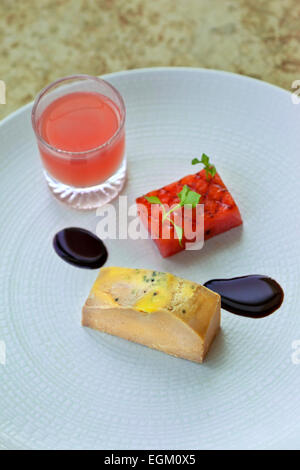 French foie gras and watermelon on a plate Stock Photo