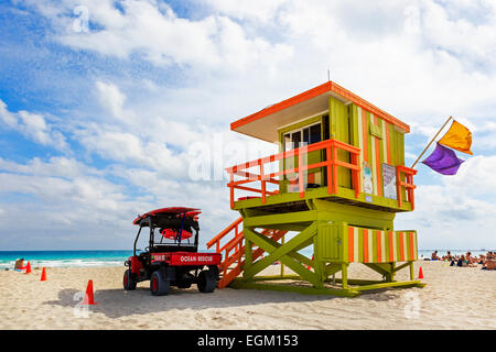 Ocean Rescue vehicle and lifeguard station on South Beach, Miami, Florida, USA Stock Photo