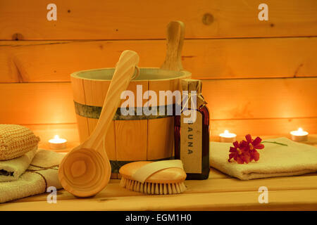 Wooden Sauna  and Accessories Set Stock Photo
