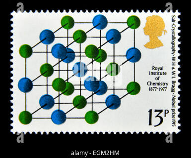 Postage stamp. Great Britain. Queen Elizabeth II. 1977. Royal Institute of Chemistry Centenary. Salt-Chrystalography. Stock Photo