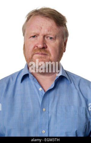 Portrait of concerned bearded overweight middle aged man isolated on white Stock Photo