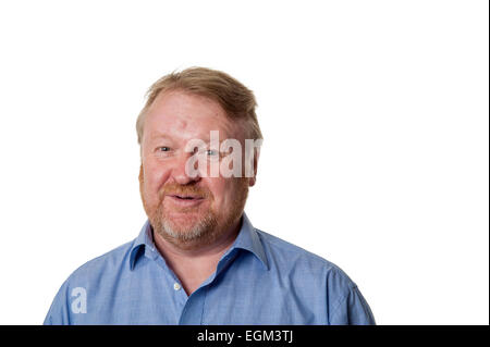 Portrait of amused bearded overweight middle aged man, isolated on white Stock Photo