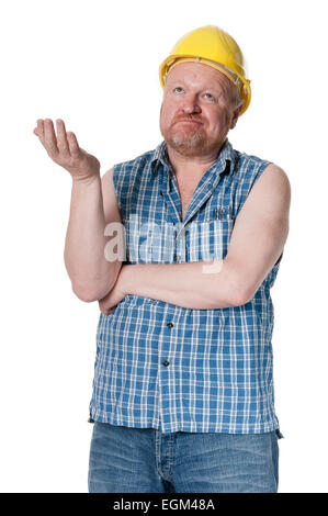 Workman in hardhat shrugs, isolated on white Stock Photo