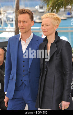 CANNES, FRANCE - MAY 25, 2013: Tilda Swinton & Tom Hiddleston at photocall at the 66th Festival de Cannes for their movie 'Only Lovers Left Alive'. Stock Photo