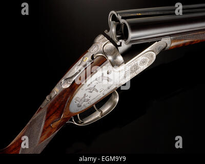 Antique Double-Barrel Shotgun, Close-Up Stock Photo