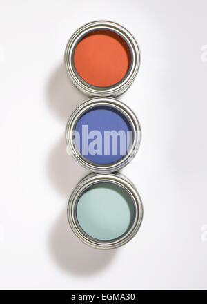 Three Open Paint Cans, High Angle View Stock Photo