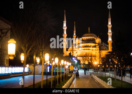 ISTANBUL, Turkey — The Sultan Ahmed Mosque, illuminated at night, dominates the skyline of Sultanahmet Square. The mosque's cascading domes and six minarets create a distinctive silhouette in Istanbul's evening cityscape. Completed in 1616, the mosque remains one of the city's most recognizable Ottoman architectural landmarks. Stock Photo