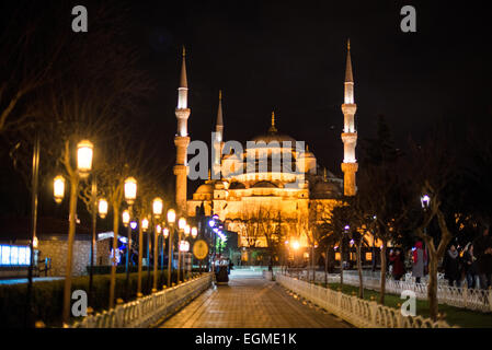 ISTANBUL, Turkey / Türkiye — A view of the Blue Mosque at night from Sultanahmet Square. While it is widely known as the Blue Mosque for the its interior tiling, the mosque's formal name is Sultan Ahmed Mosque (or Sultan Ahmet Camii in Turkish). It was built from 1609 to 1616 during the rule of Sultan Ahmed I. Stock Photo