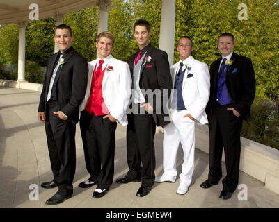 Five Handsome Teenage Boys in Tuxedos Posing for a Prom Photo Outside Stock Photo